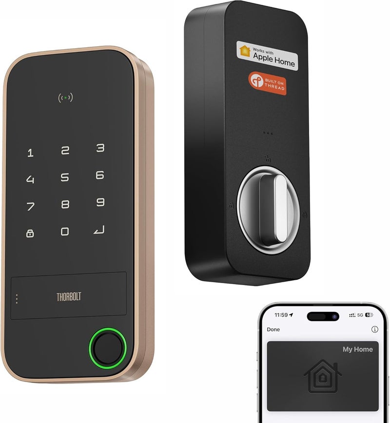 ThorBolt قفل باب آبل هوم كي X1، قفل ذكي بدون مفتاح يعمل بنظام iOS فقط مع بصمة الإصبع، قفل ديدبولت مع لوحة مفاتيح يعمل مع HomeKit عبر Thread (جهاز توجيه الحدود)، مقاوم للعوامل الجوية IP65، تيتانيوم - Image 1